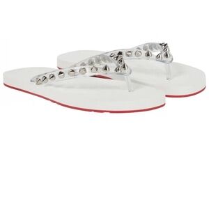 Christian Louboutin Loubi Donna Spike Red Sole Flip Flops white with silver